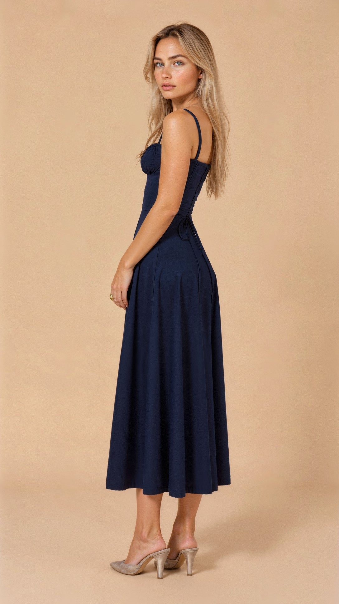 Women's fitted midi dress with defined waist