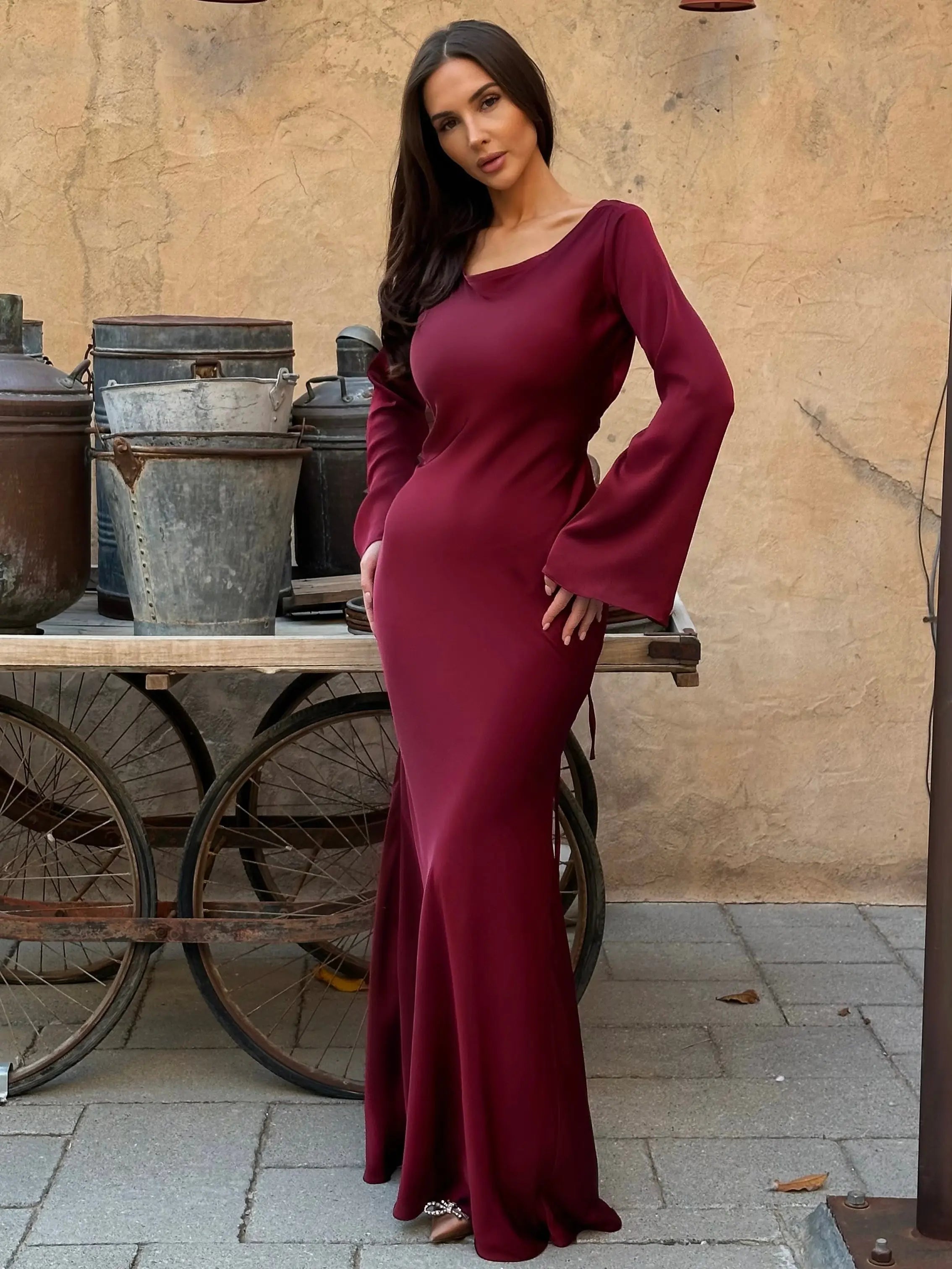 Women's flared sleeve maxi wedding guest dress