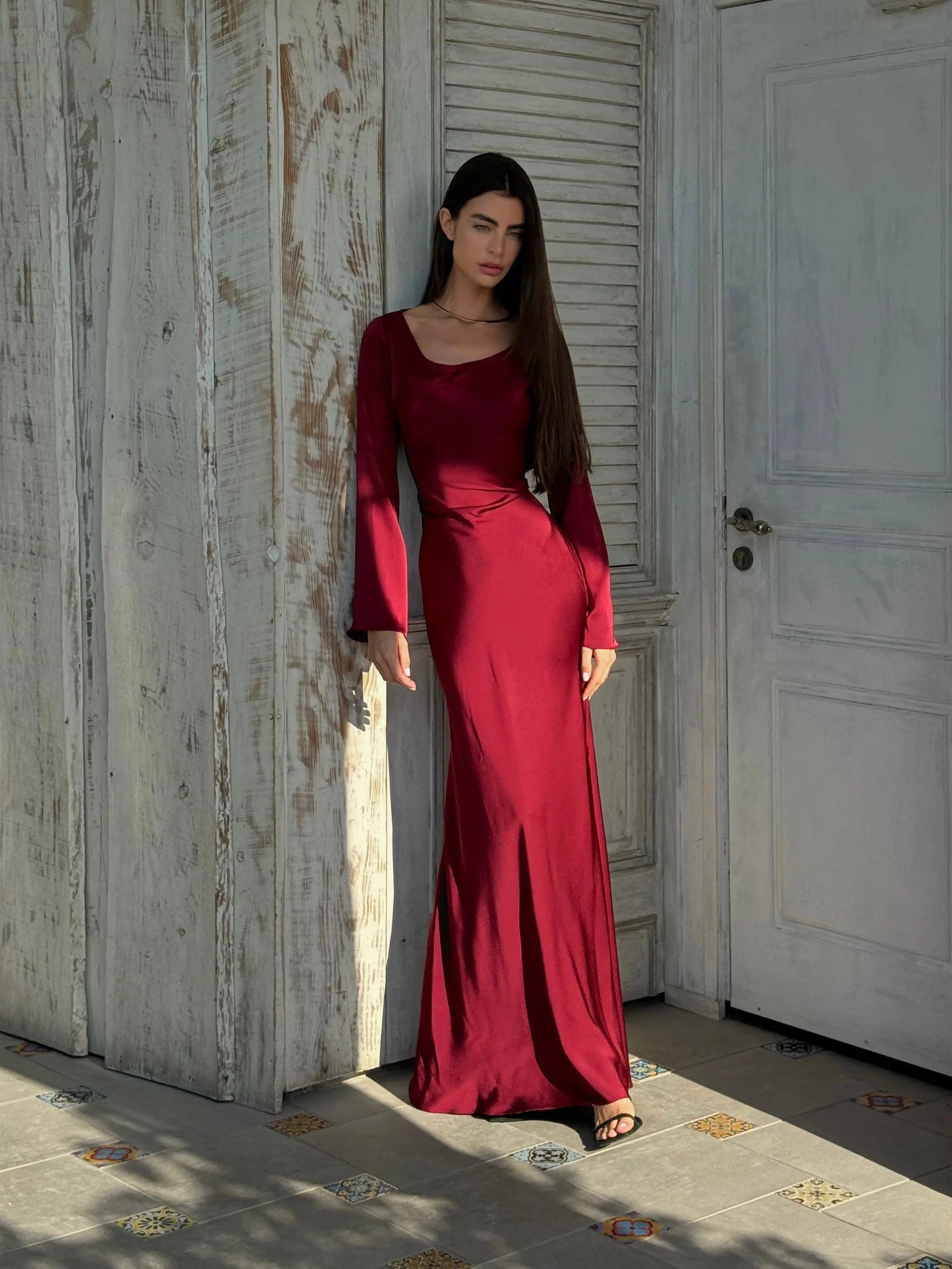Women's flared sleeve maxi wedding guest dress