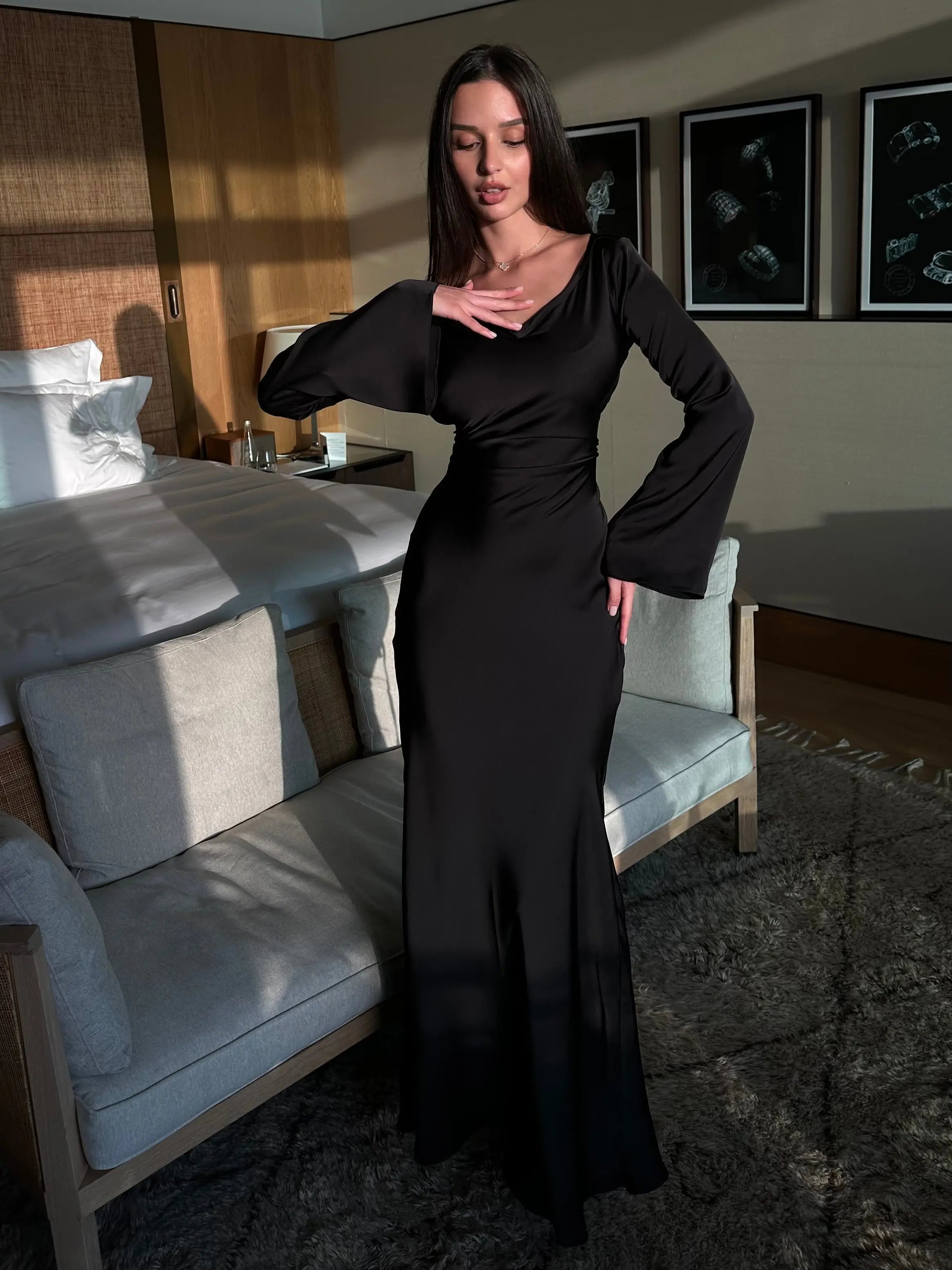 Women's flared sleeve maxi wedding guest dress