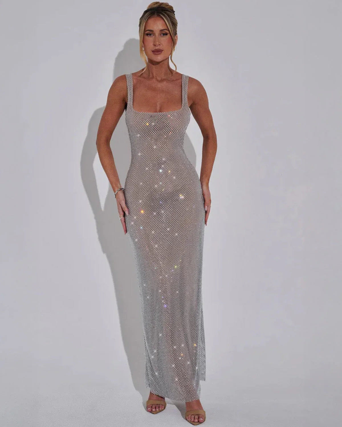 Women's floor-length dress with all-over embellished detailing