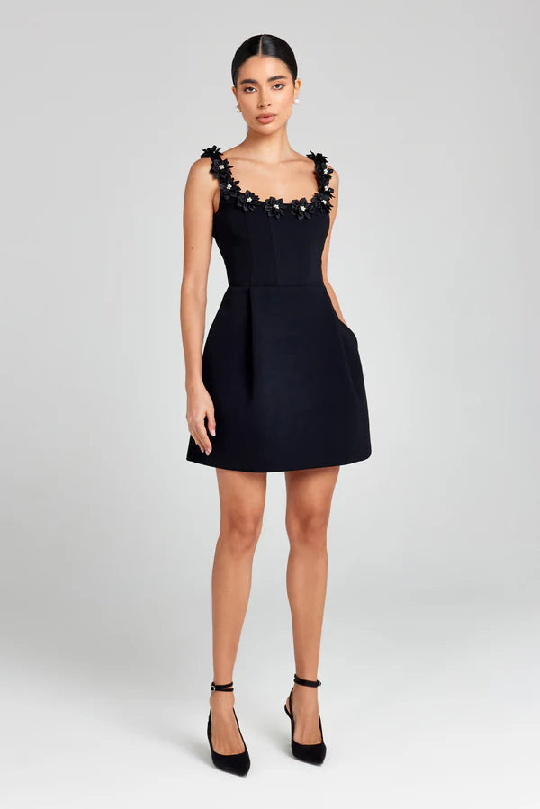 Women's floral appliqué scoop neck mini cocktail dress