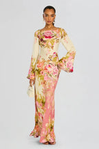 Women's floral bell sleeve maxi evening dress