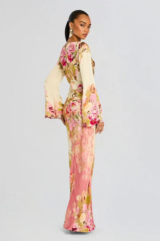 Women's floral bell sleeve maxi evening dress