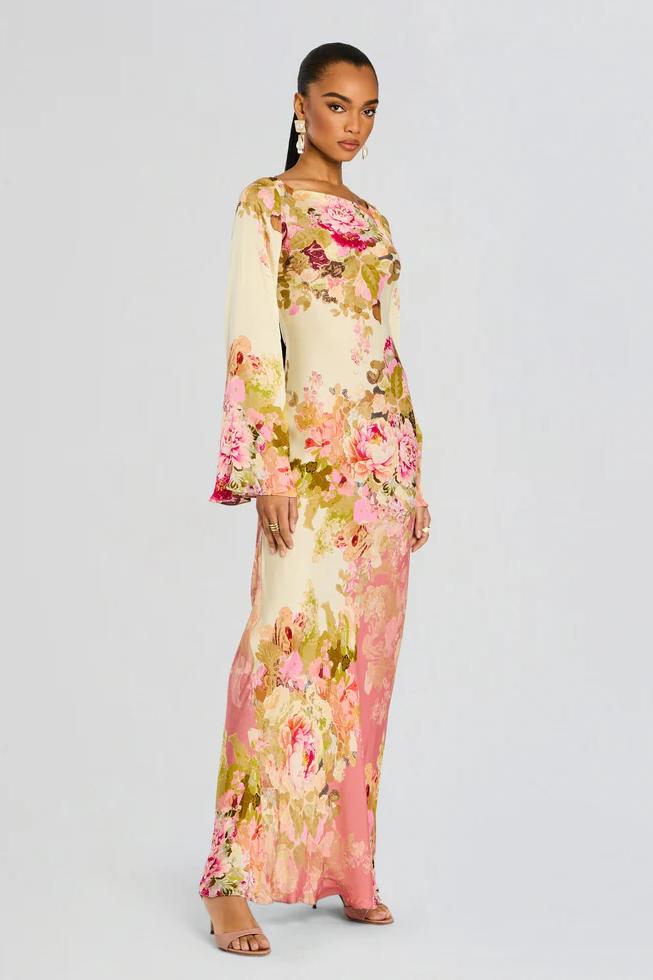 Women's floral bell sleeve maxi evening dress
