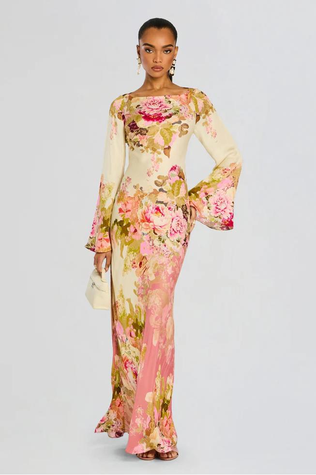 Women's floral bell sleeve maxi evening dress