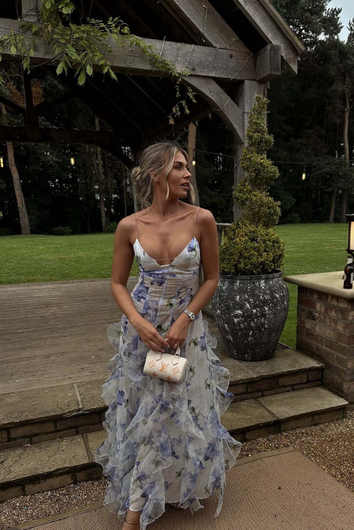 Women's floral corset bodice ruffle maxi wedding guest dress
