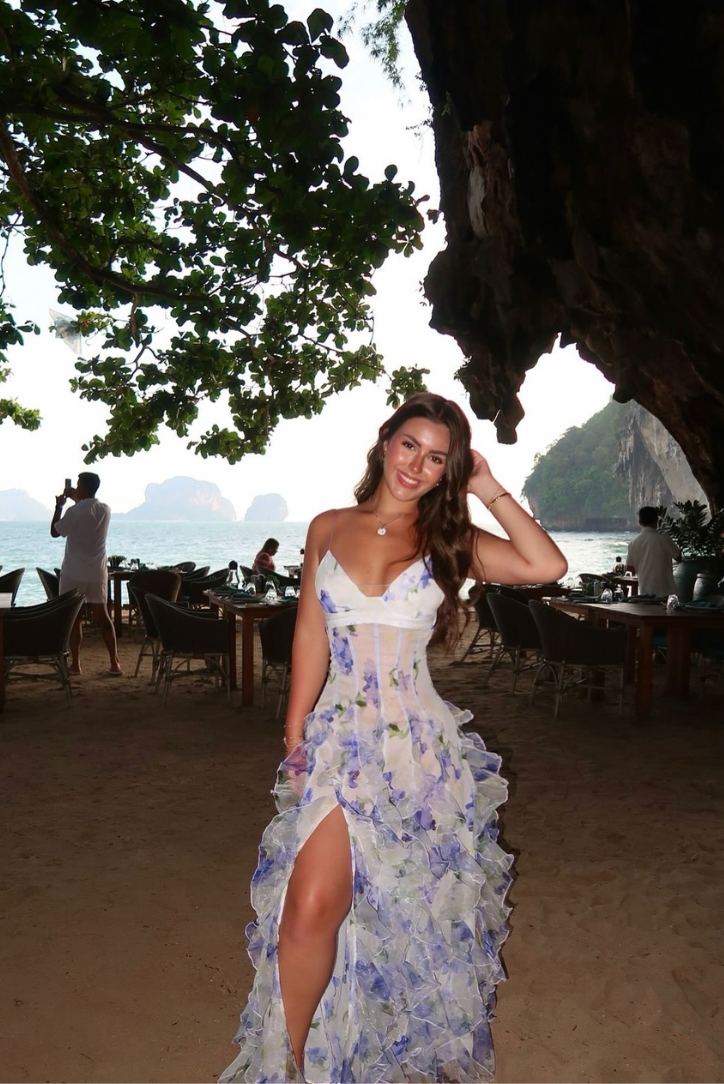 Women's floral corset bodice ruffle maxi wedding guest dress