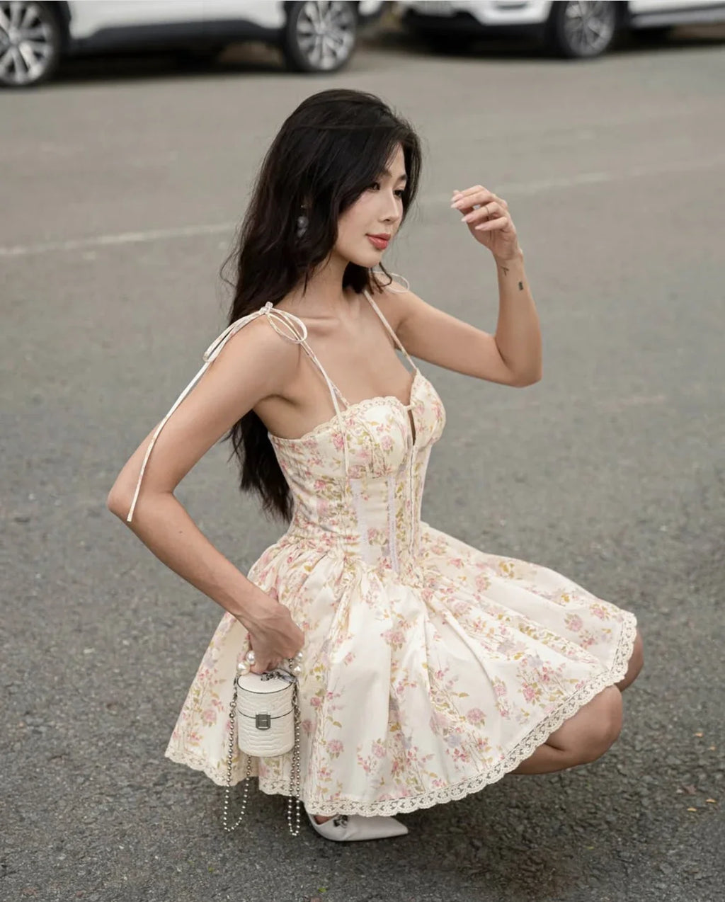 Women's floral corset mini summer dress with lace trim
