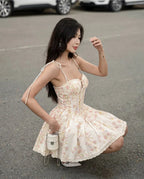 Women's floral corset mini summer dress with lace trim