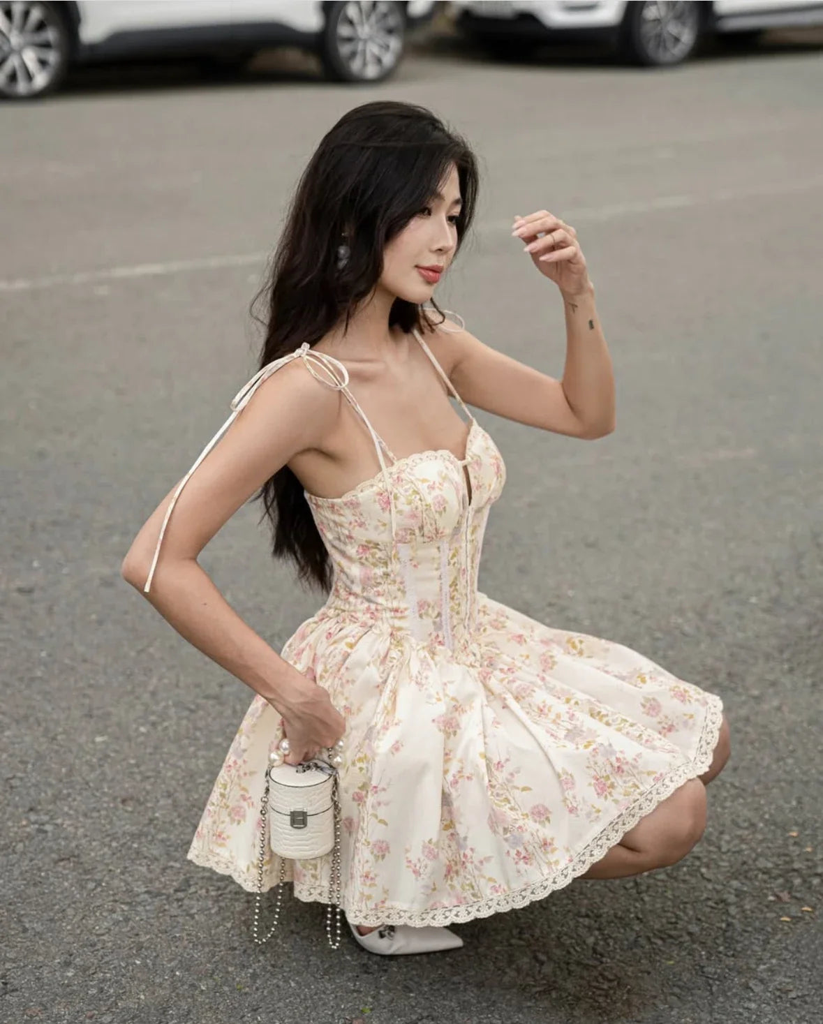 Women's floral corset mini summer dress with lace trim