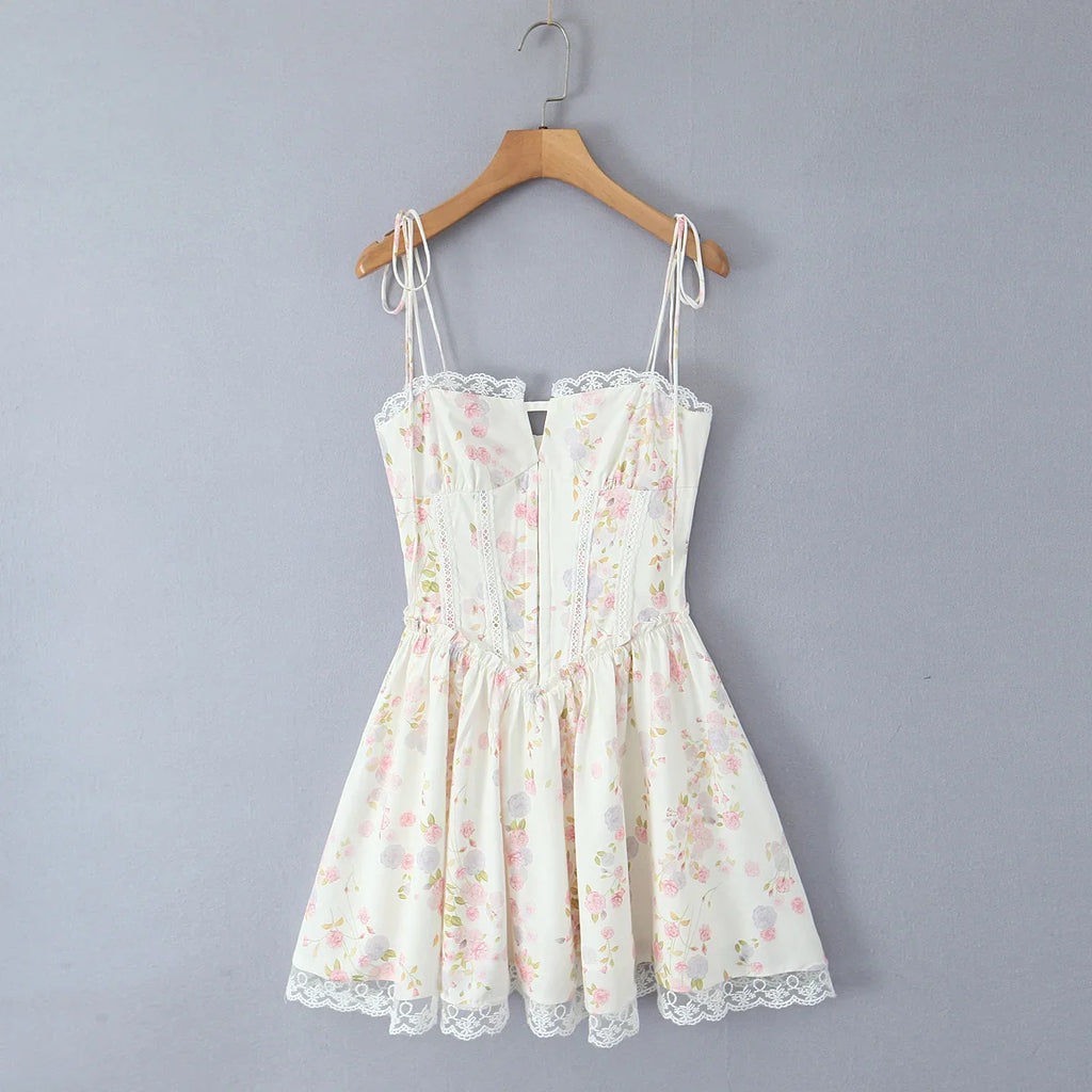 Women's floral corset mini summer dress with lace trim