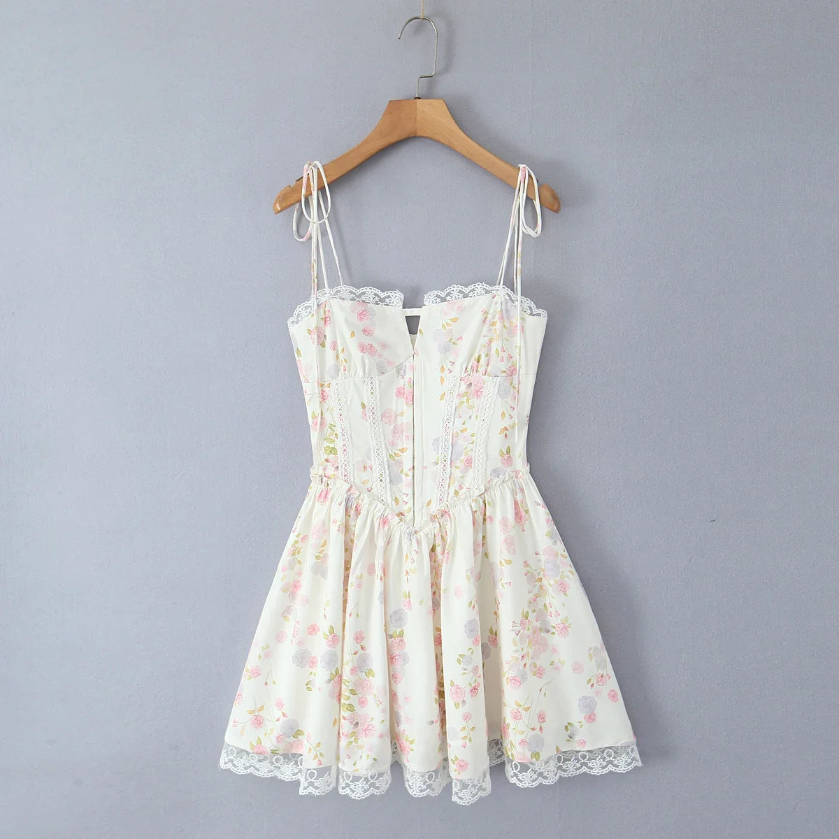 Women's floral corset mini summer dress with lace trim
