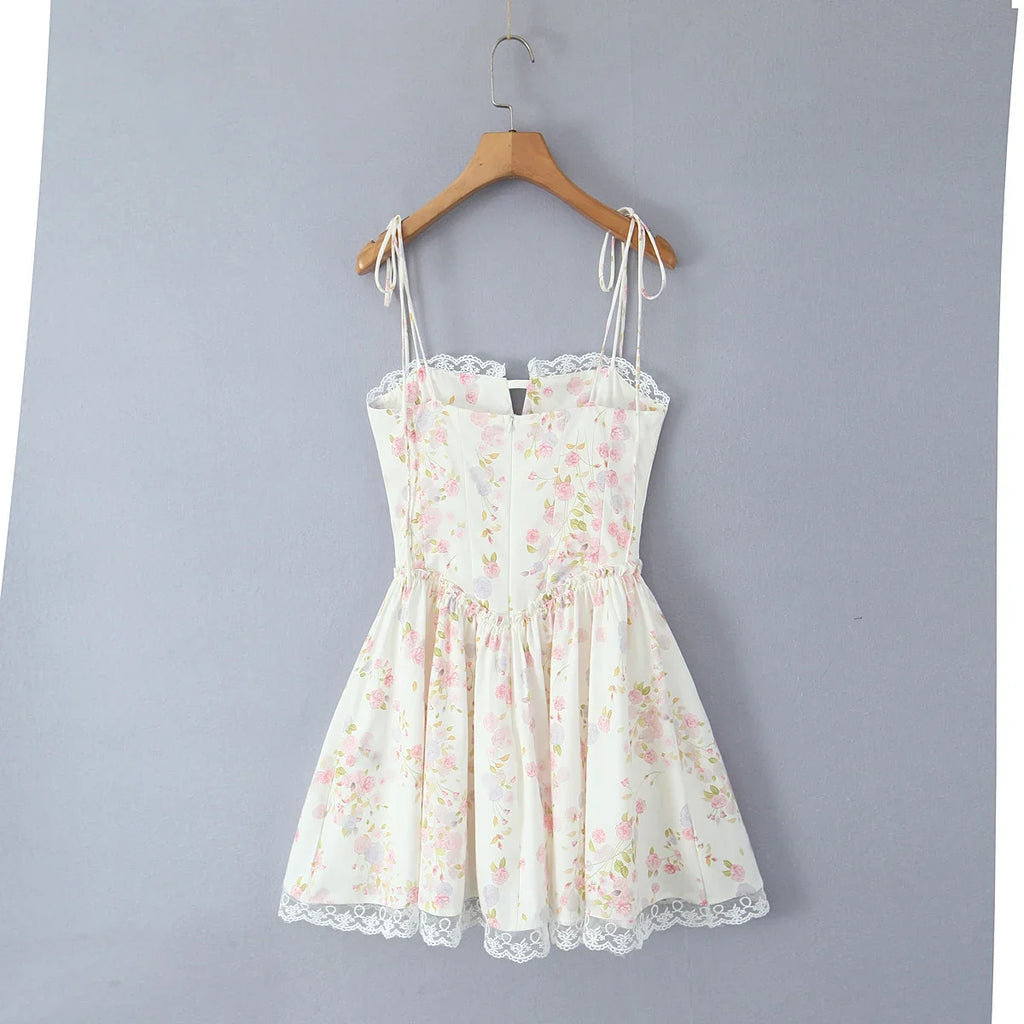 Women's floral corset mini summer dress with lace trim