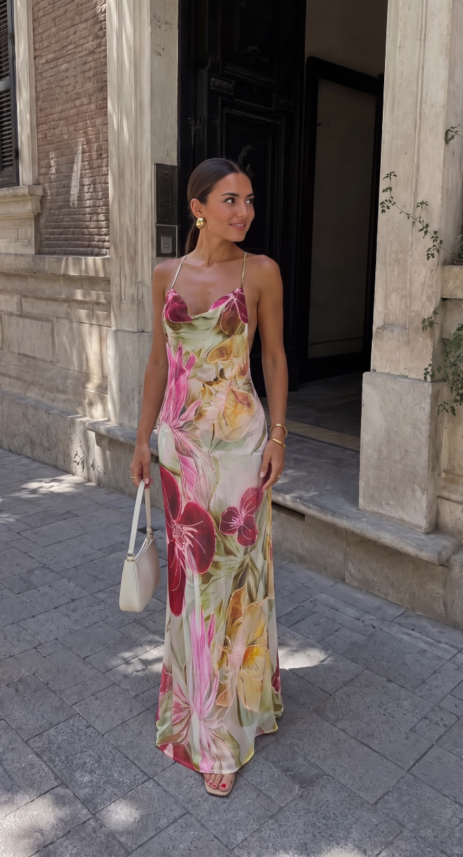 Women's floral cowl neck maxi summer dress