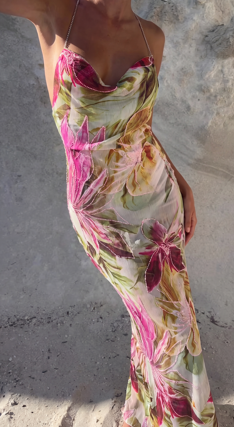 Women's floral cowl neck maxi summer dress