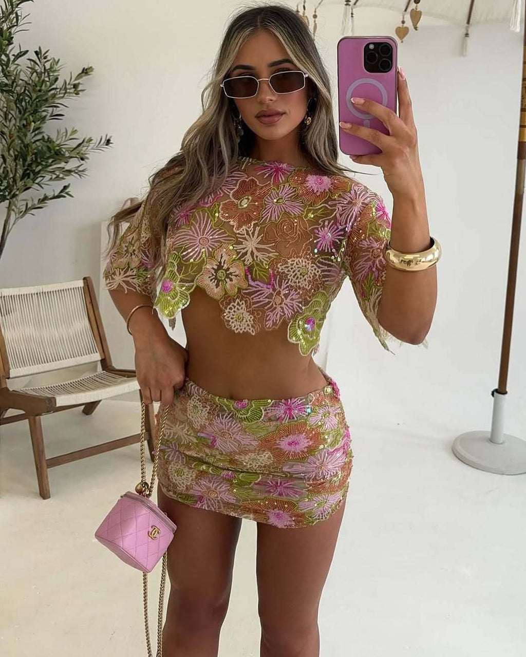 Women's floral sequin crop top and mini skirt party set