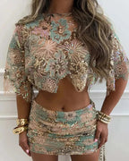 Women's floral sequin crop top and mini skirt party set