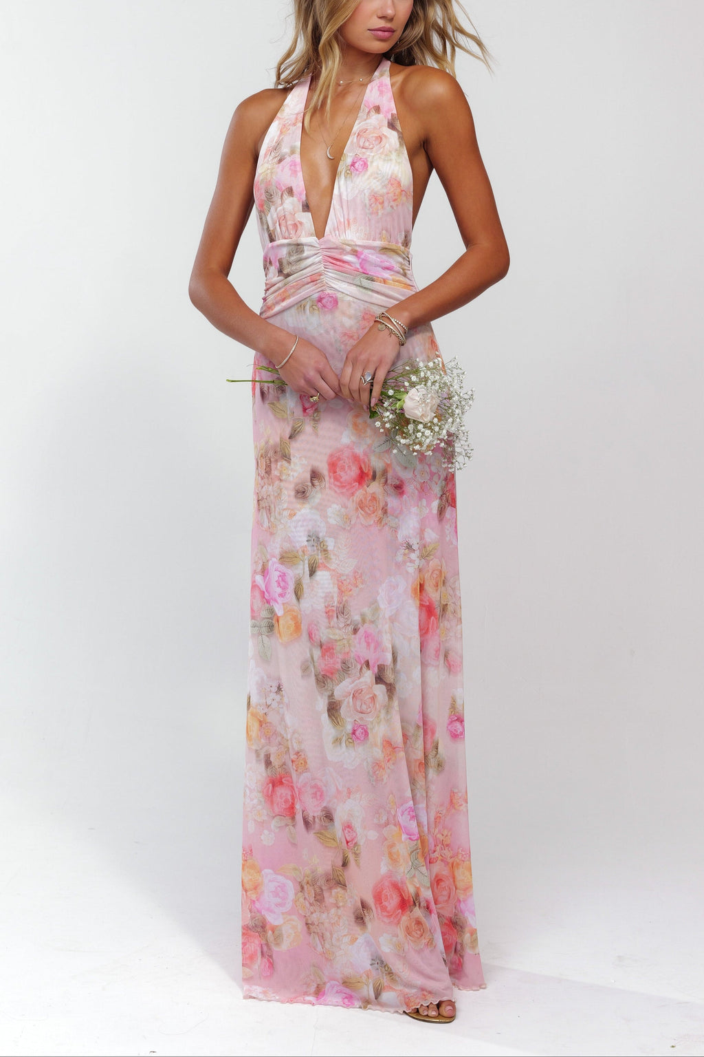 Women's floral open back maxi wedding guest dress