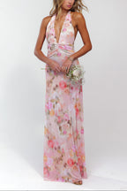 Women's floral open back maxi wedding guest dress