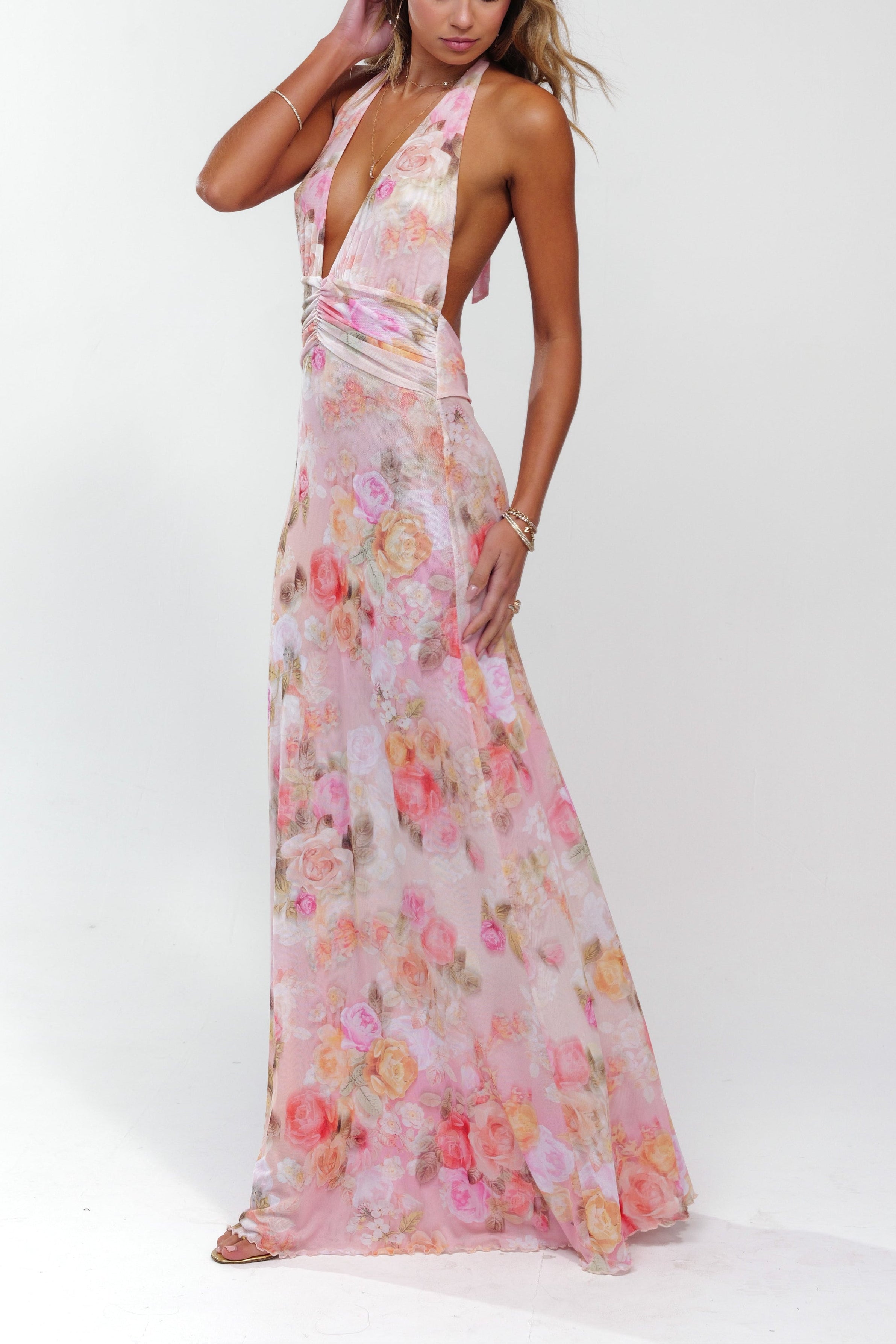 Women's floral open back maxi wedding guest dress