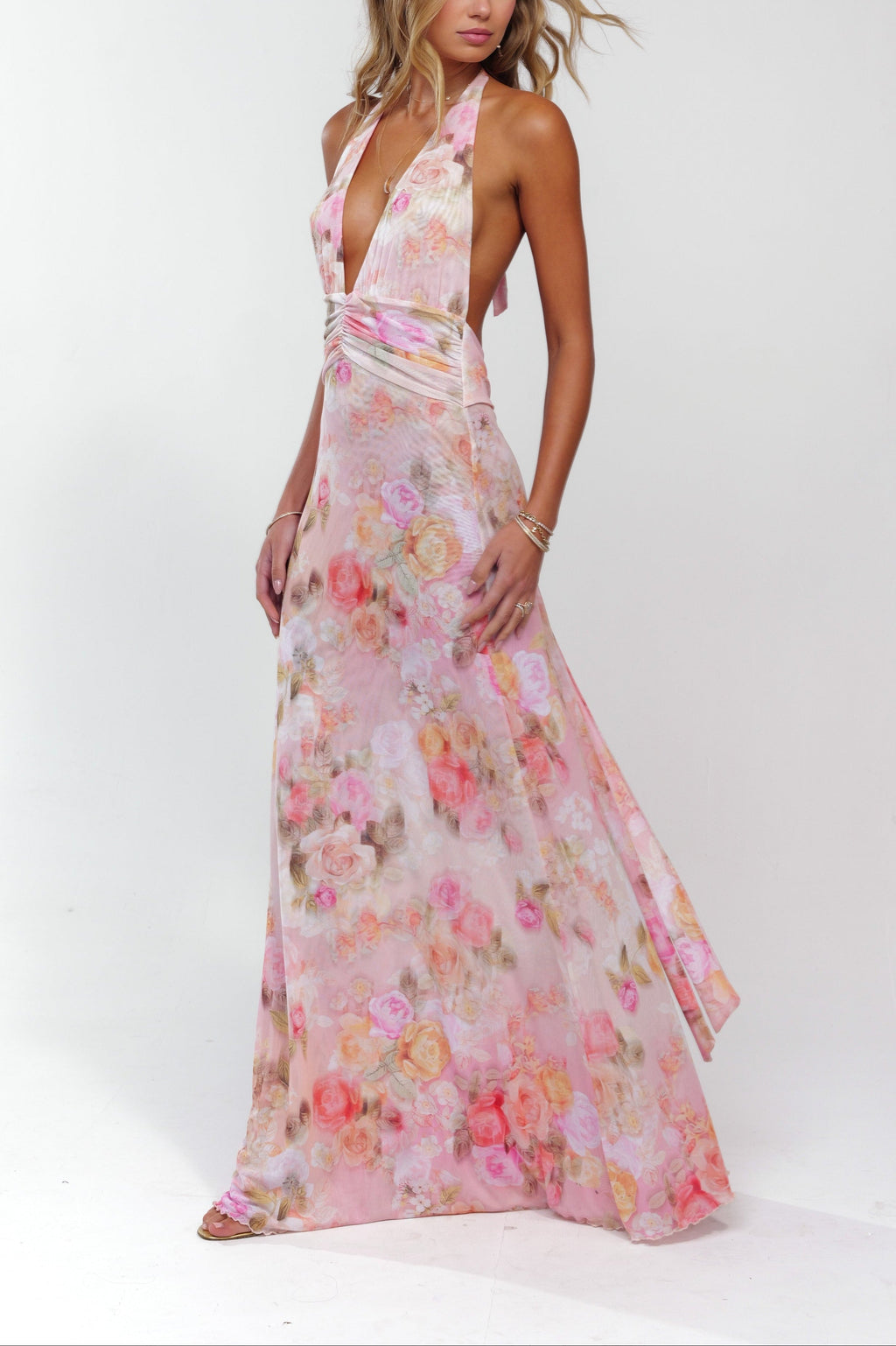 Women's floral open back maxi wedding guest dress