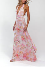 Women's floral open back maxi wedding guest dress