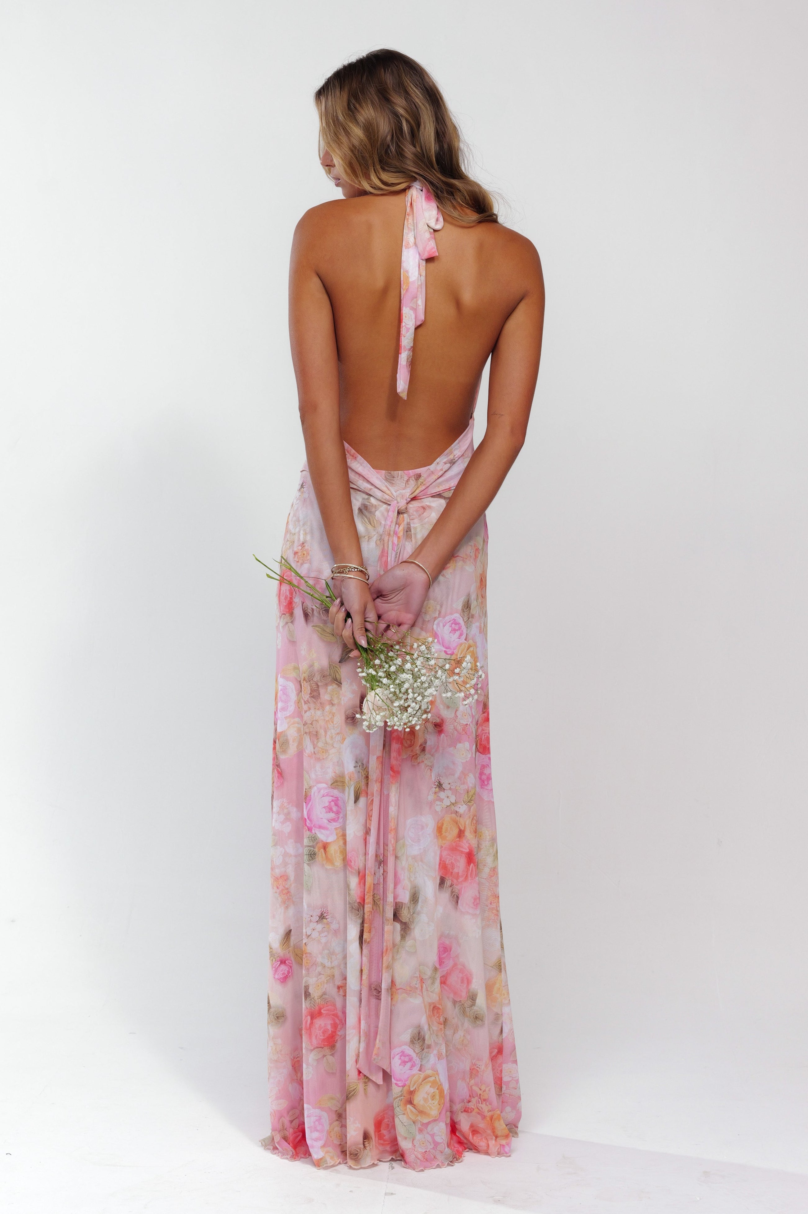 Women's floral open back maxi wedding guest dress