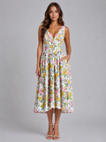 Women's floral pleated midi summer dress with V-neck