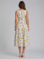 Women's floral pleated midi summer dress with V-neck