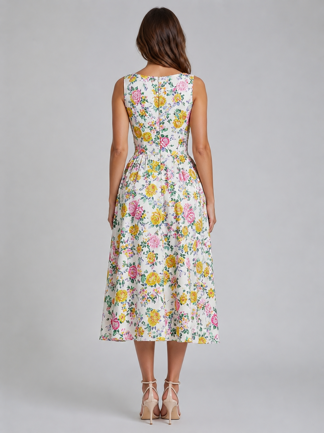 Women's floral pleated midi summer dress with V-neck