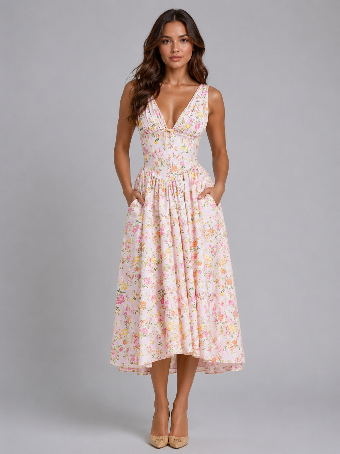 Women's floral pleated midi summer dress with V-neck