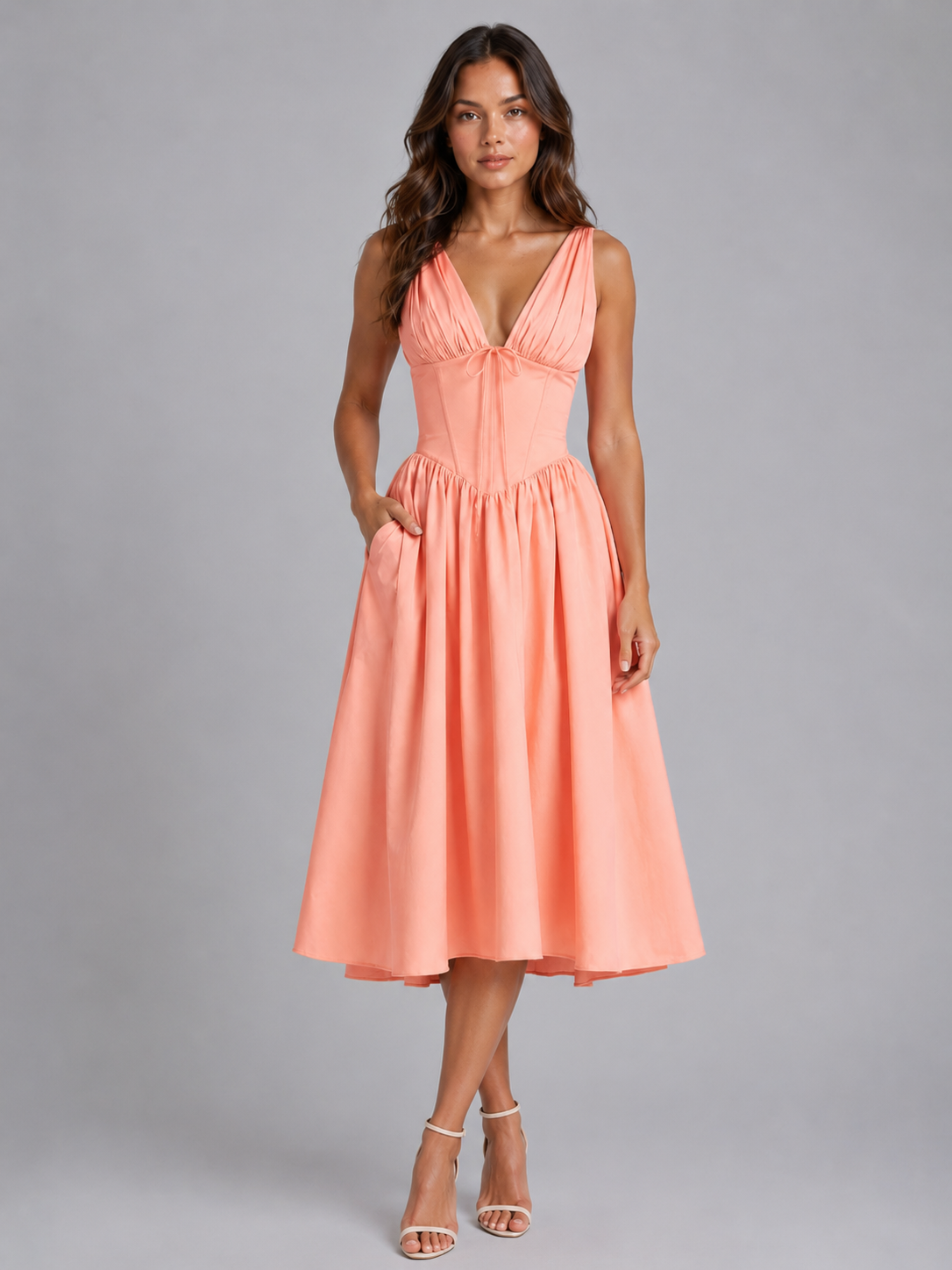 Women's floral pleated midi summer dress with V-neck