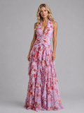 Women's floral ruffle maxi wedding guest dress with halter neck