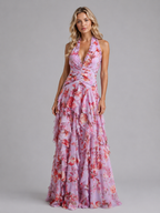 Women's floral ruffle maxi wedding guest dress with halter neck
