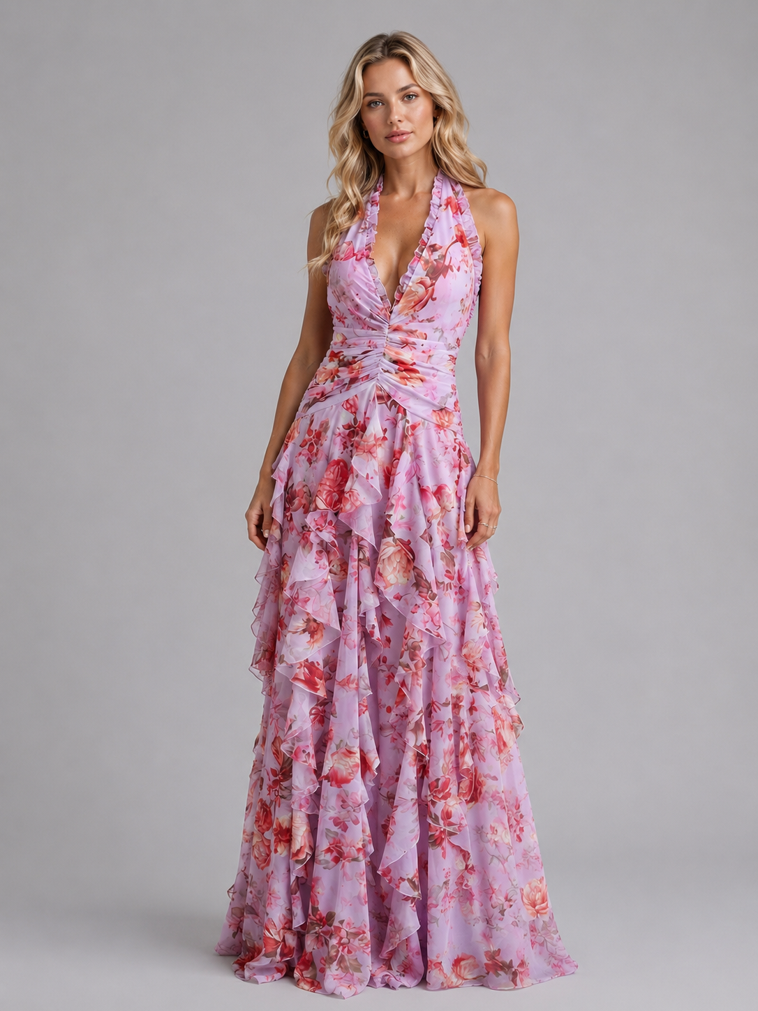 Women's floral ruffle maxi wedding guest dress with halter neck