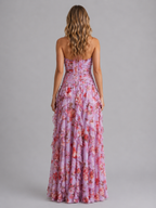 Women's floral ruffle maxi wedding guest dress with halter neck