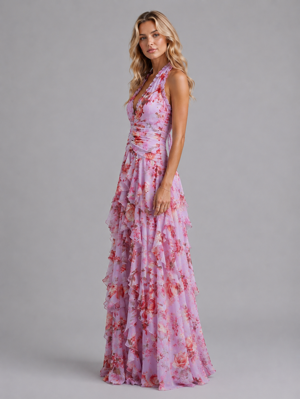 Women's floral ruffle maxi wedding guest dress with halter neck