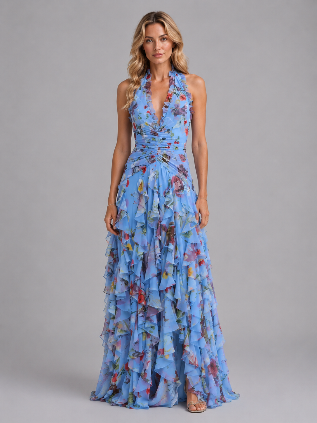 Women's floral ruffle maxi wedding guest dress with halter neck