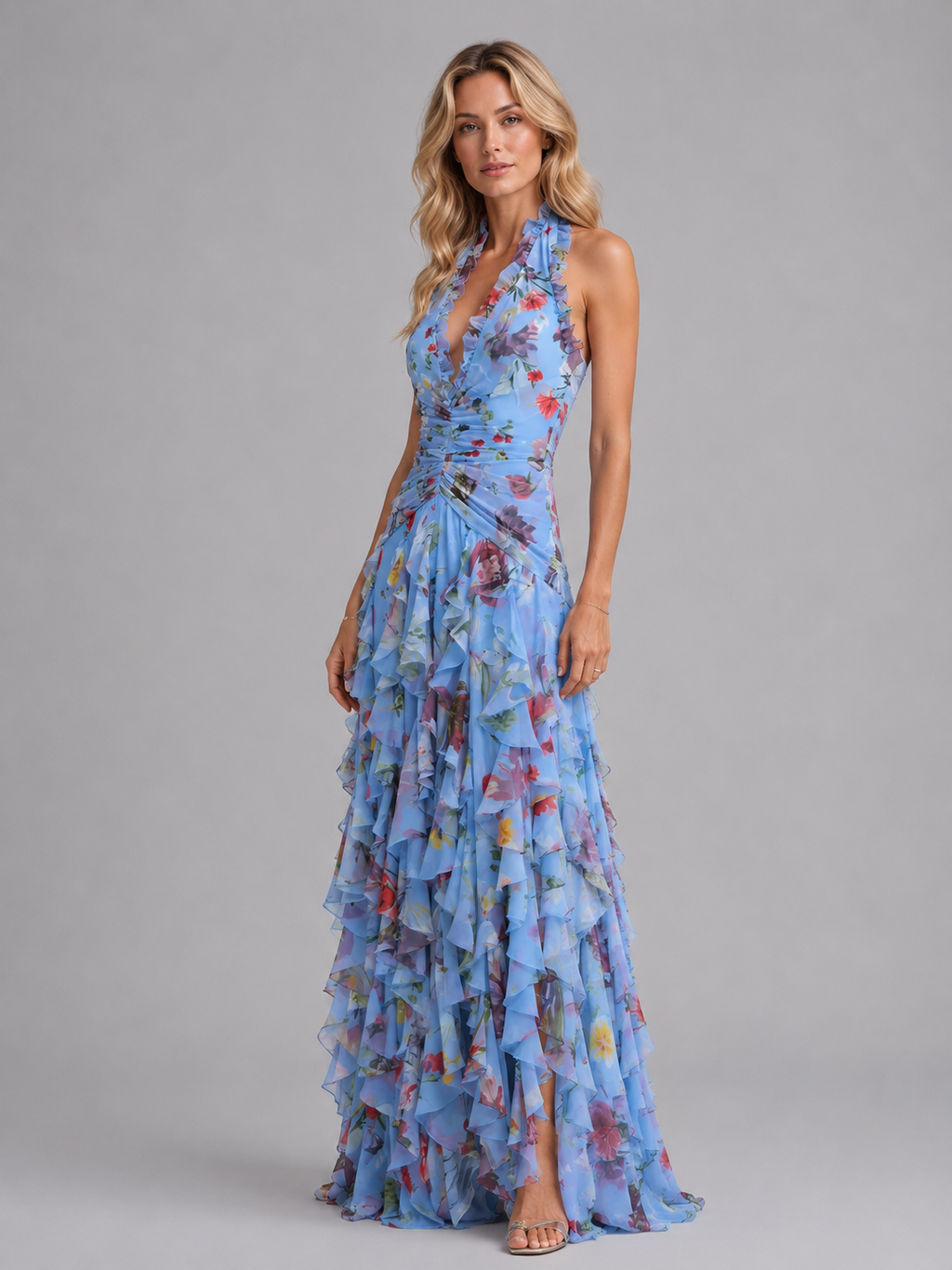 Women's floral ruffle maxi wedding guest dress with halter neck
