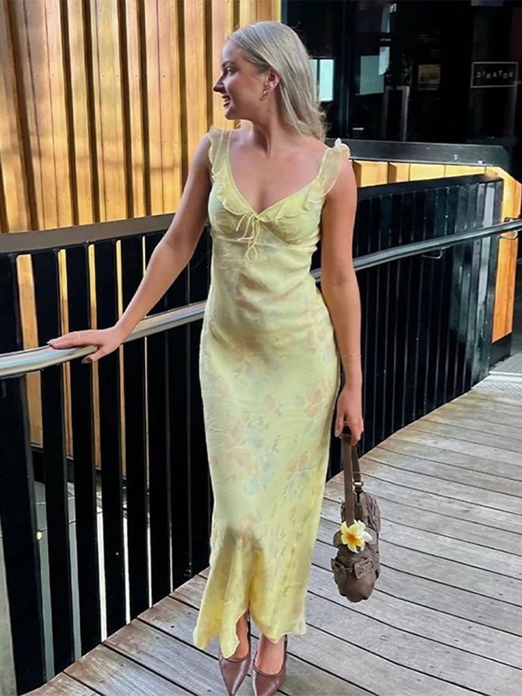 Women's floral ruffle strap maxi summer dress