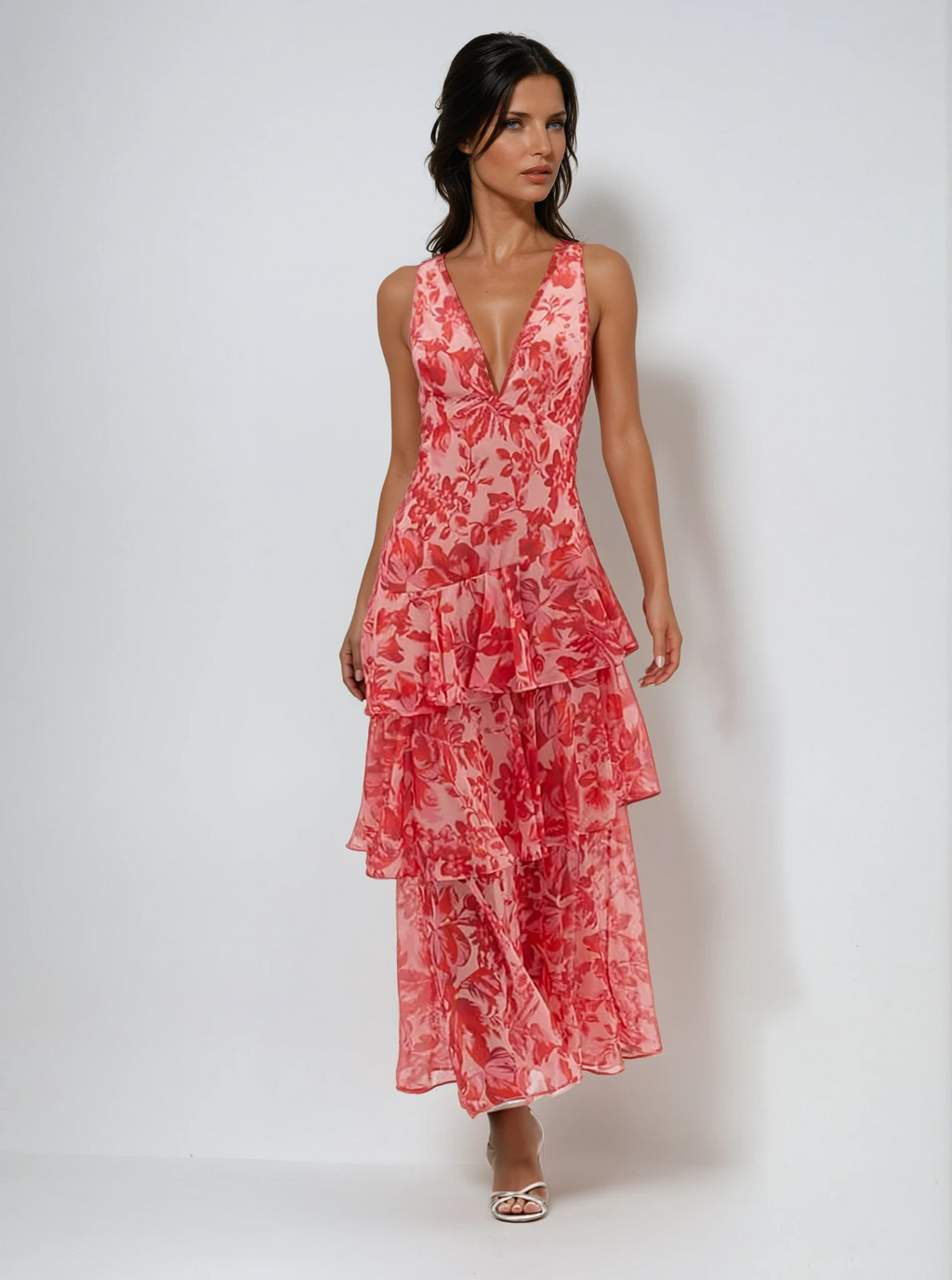Women's floral tiered ruffle midi summer dress