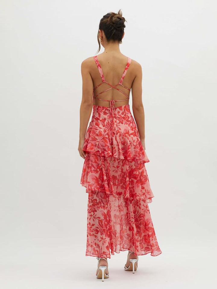Women's floral tiered ruffle midi summer dress