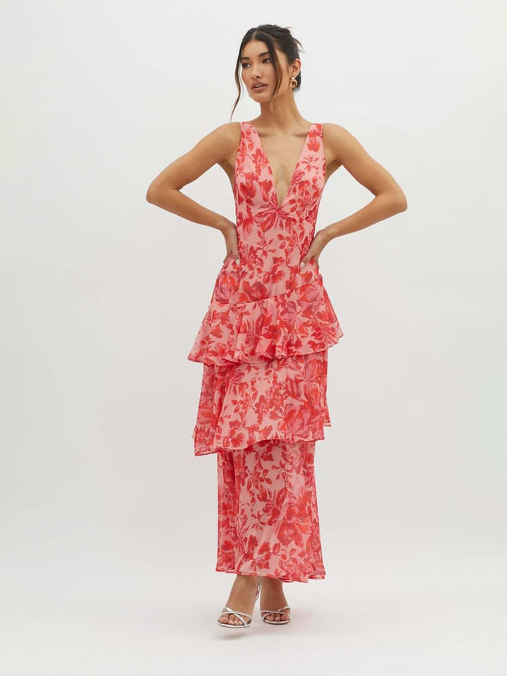 Women's floral tiered ruffle midi summer dress