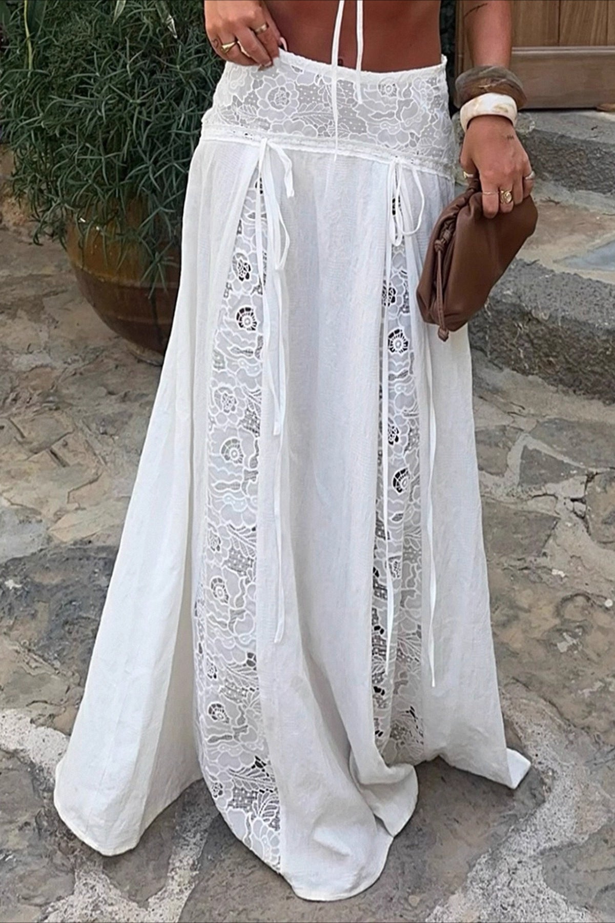 Women's flowy lace panel maxi skirt with low waist