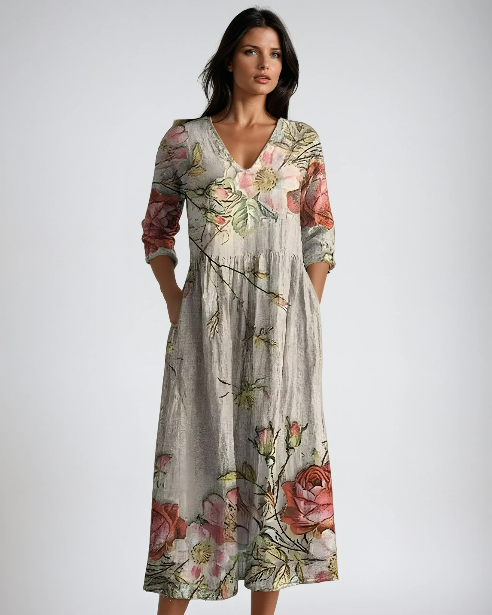 Women's flowy V-neck floral maxi summer dress