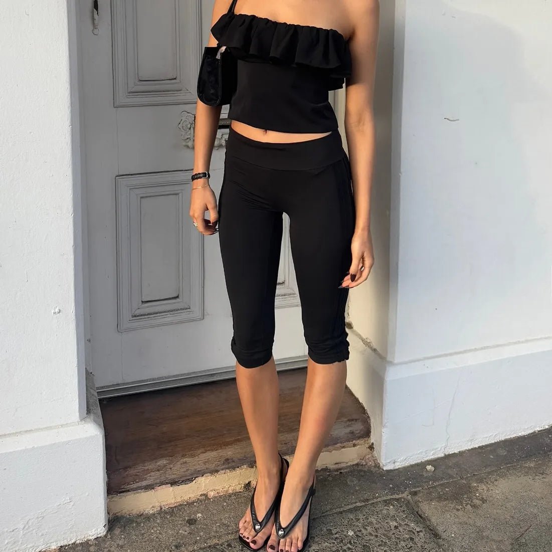 Women's fold-over waist capri leggings with split hem