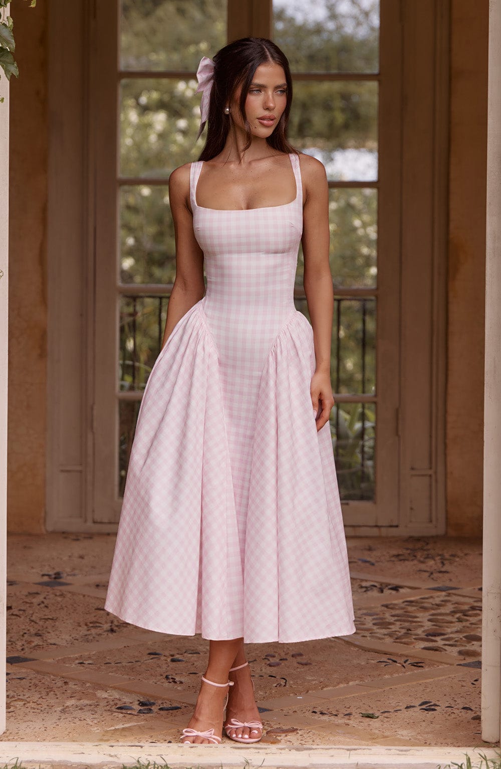 Women's gingham square-neck midi summer dress