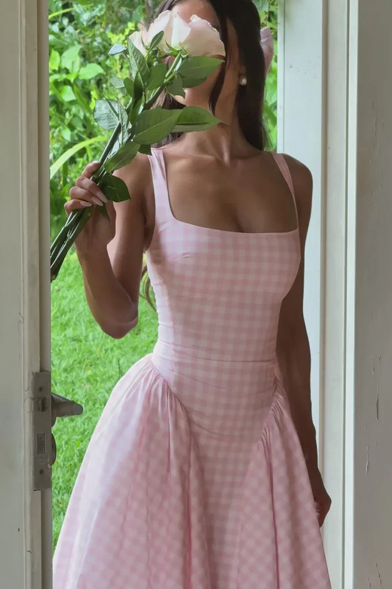 Women's gingham square-neck midi summer dress