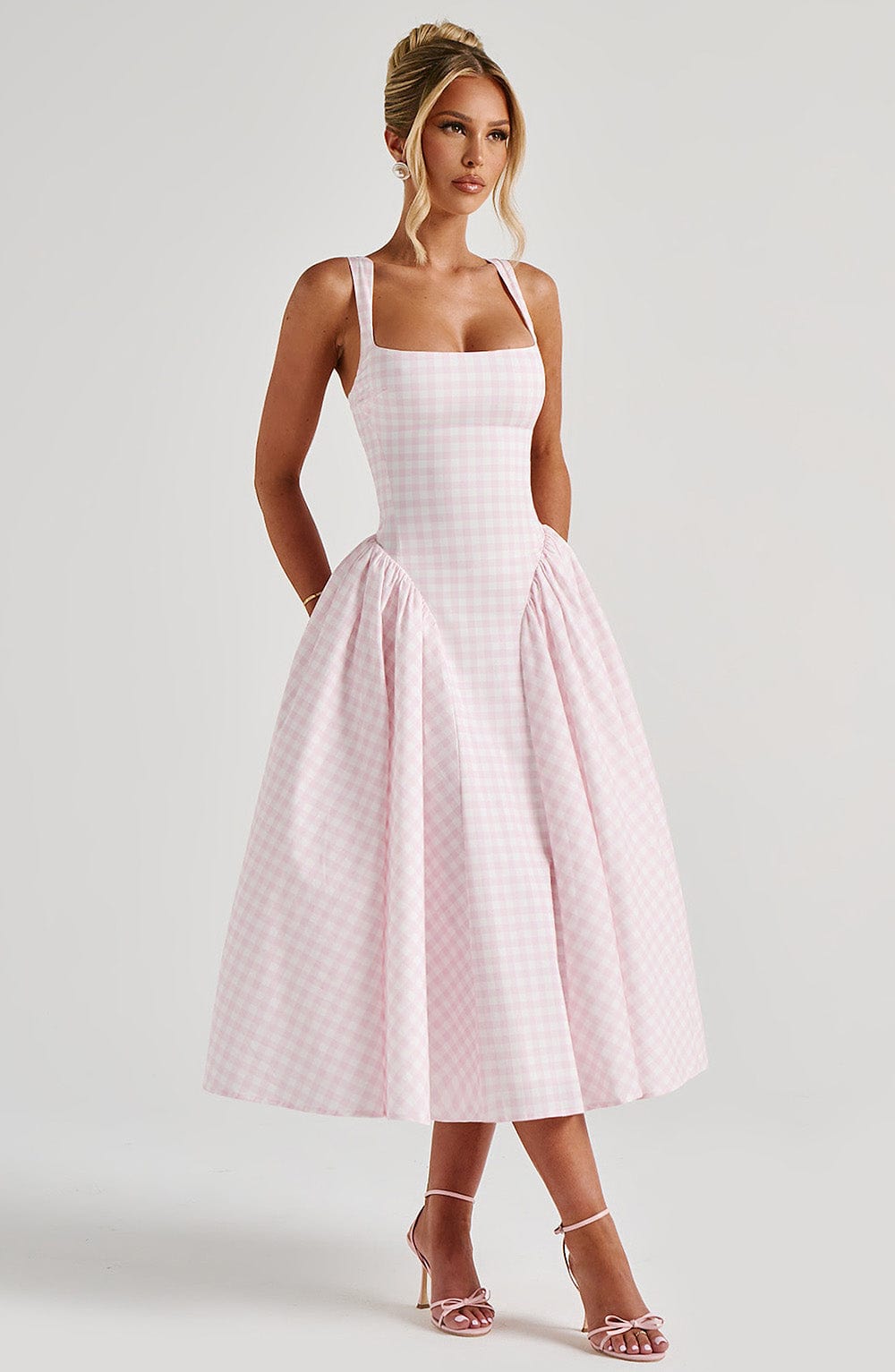 Women's gingham square-neck midi summer dress